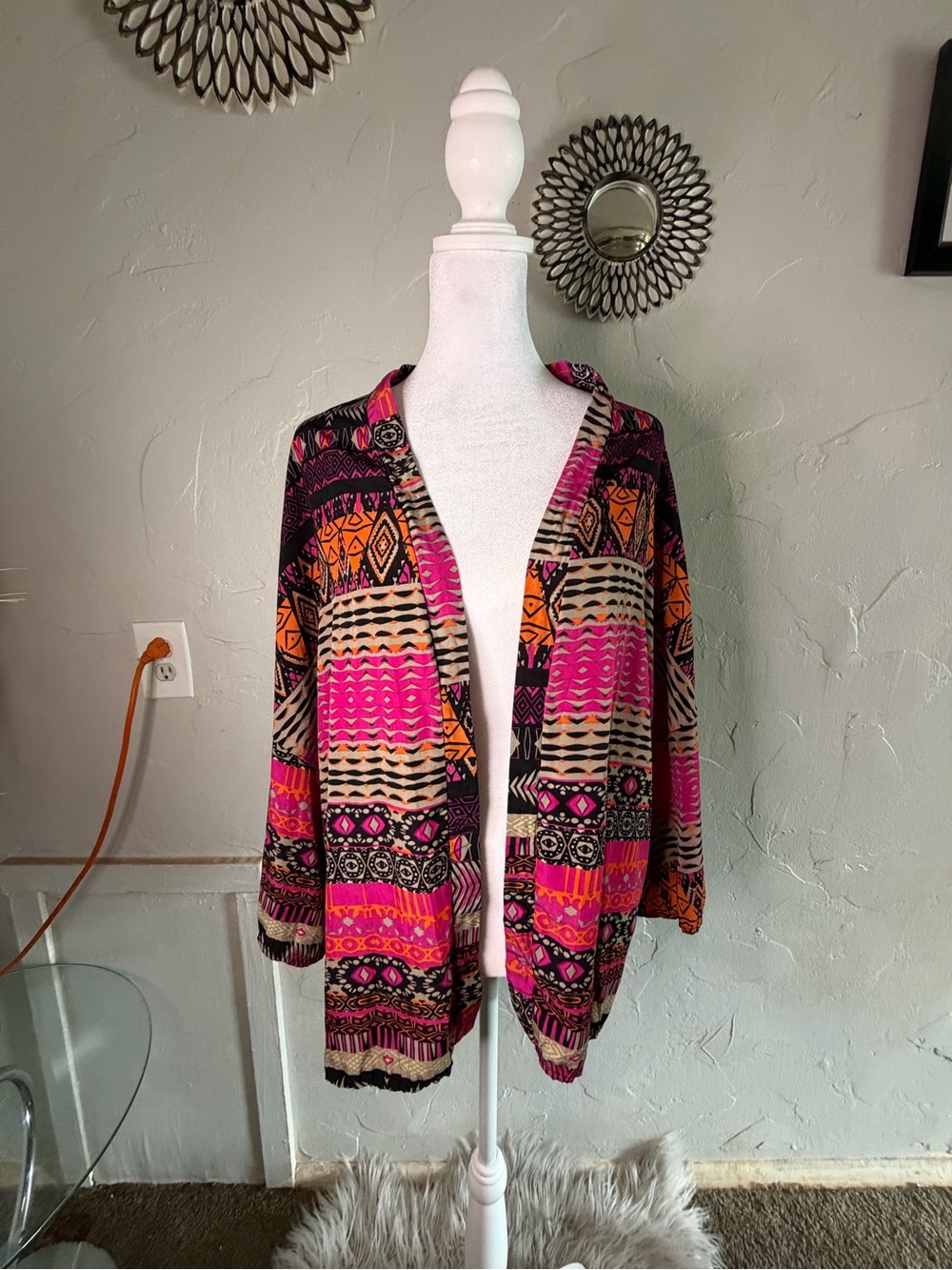 miami Open-Front Aztec Cardigan in Pink, Orange & Black